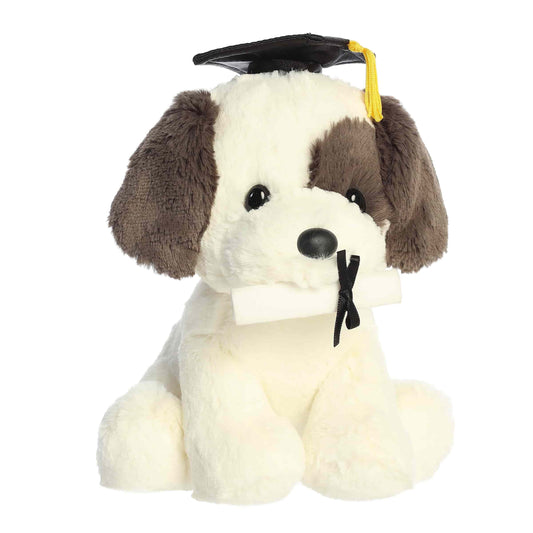 Angled view of Aurora Graduation Terrier Pup plush
