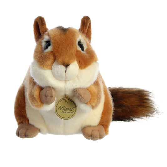 Aurora Miyoni Chipmunk plush stuffed animal featuring a light brown coat, white stripes, and a bushy tail sitting upright.