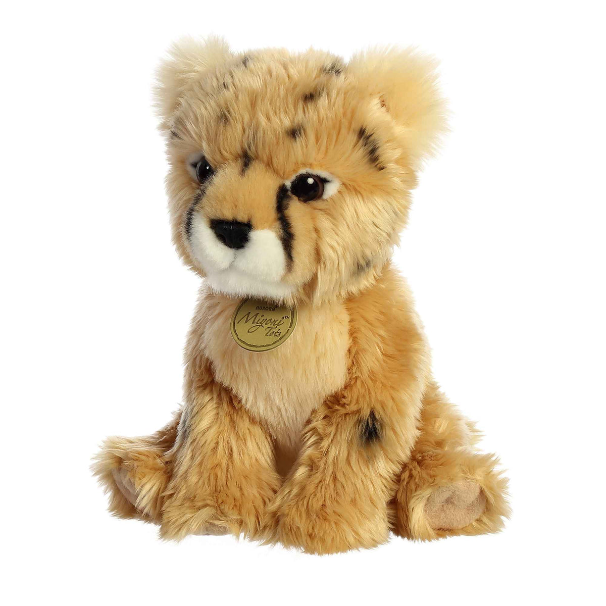Aurora Miyoni Tots Cheetah Cub plush animal featuring spotted golden fur and a golden Miyoni chest tag.