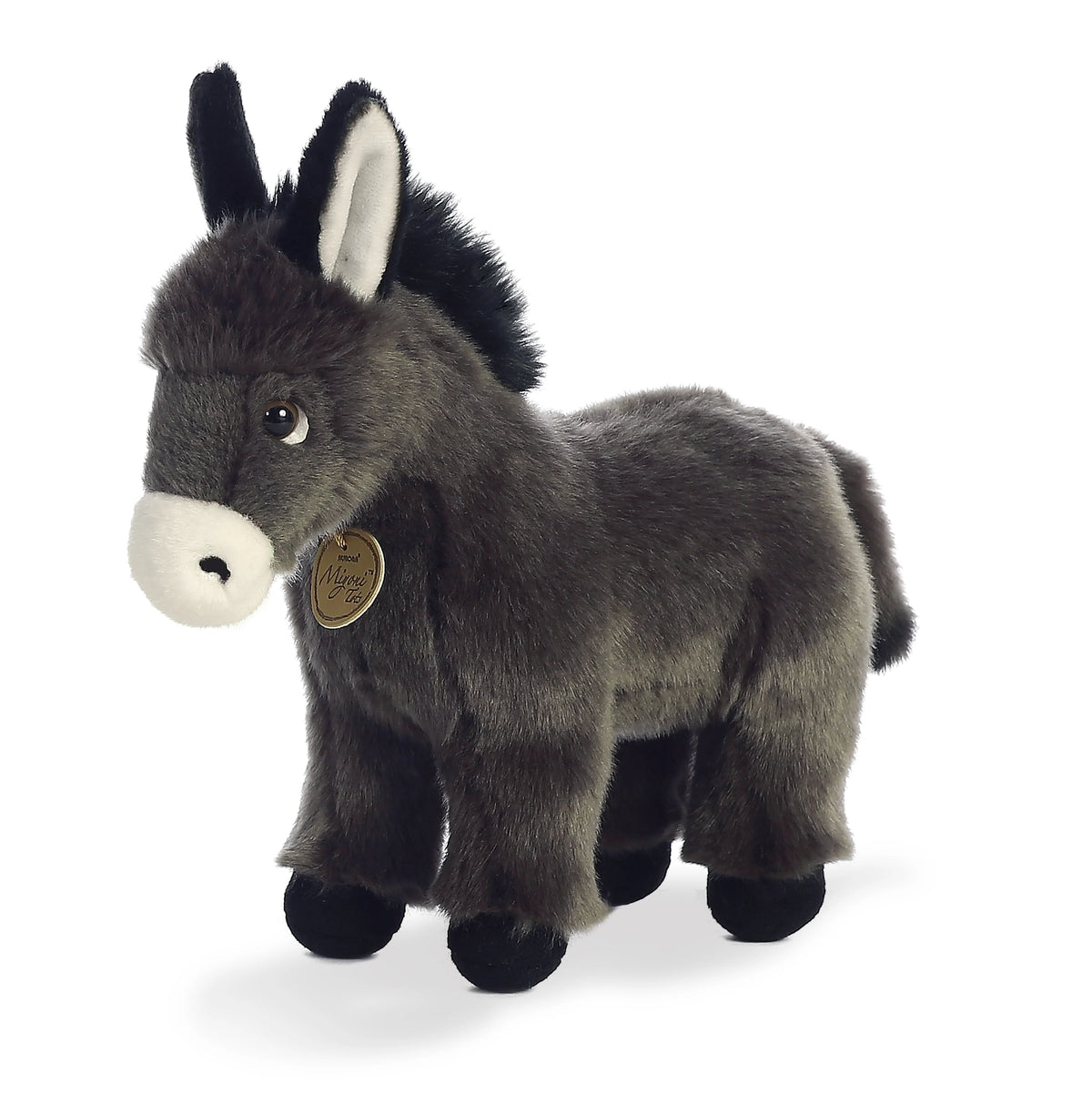 Aurora Miyoni Tots Donkey Foal plush stuffed animal featuring soft grey fur and upright ears in a standing pose.