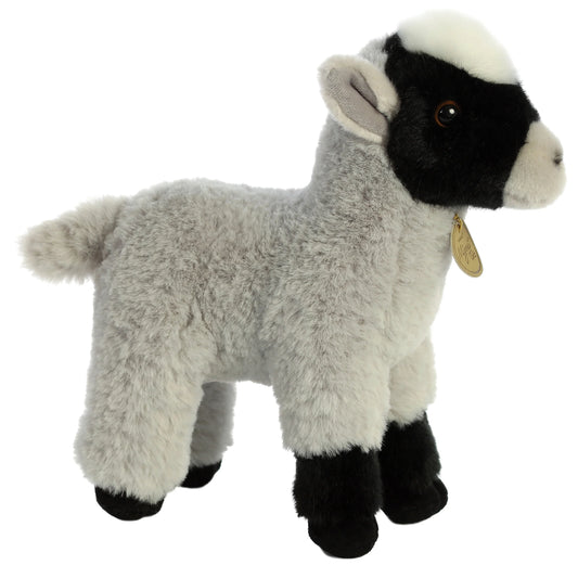 Aurora Miyoni Tots Goat Kid plush stuffed animal featuring soft grey fur, black face markings, and a standing posture.