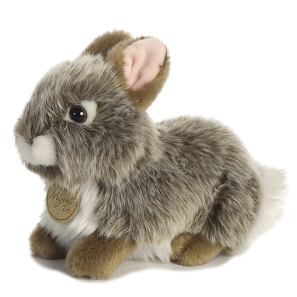 Aurora Miyoni Tots Grey Baby Bunny plush animal featuring fluffy grey fur and a golden Miyoni chest tag.