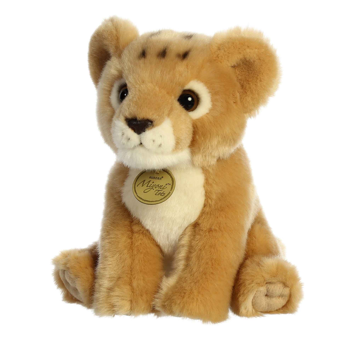 Aurora Miyoni Tots Lion Cub plush stuffed animal featuring golden fur with subtle face spots sitting upright.