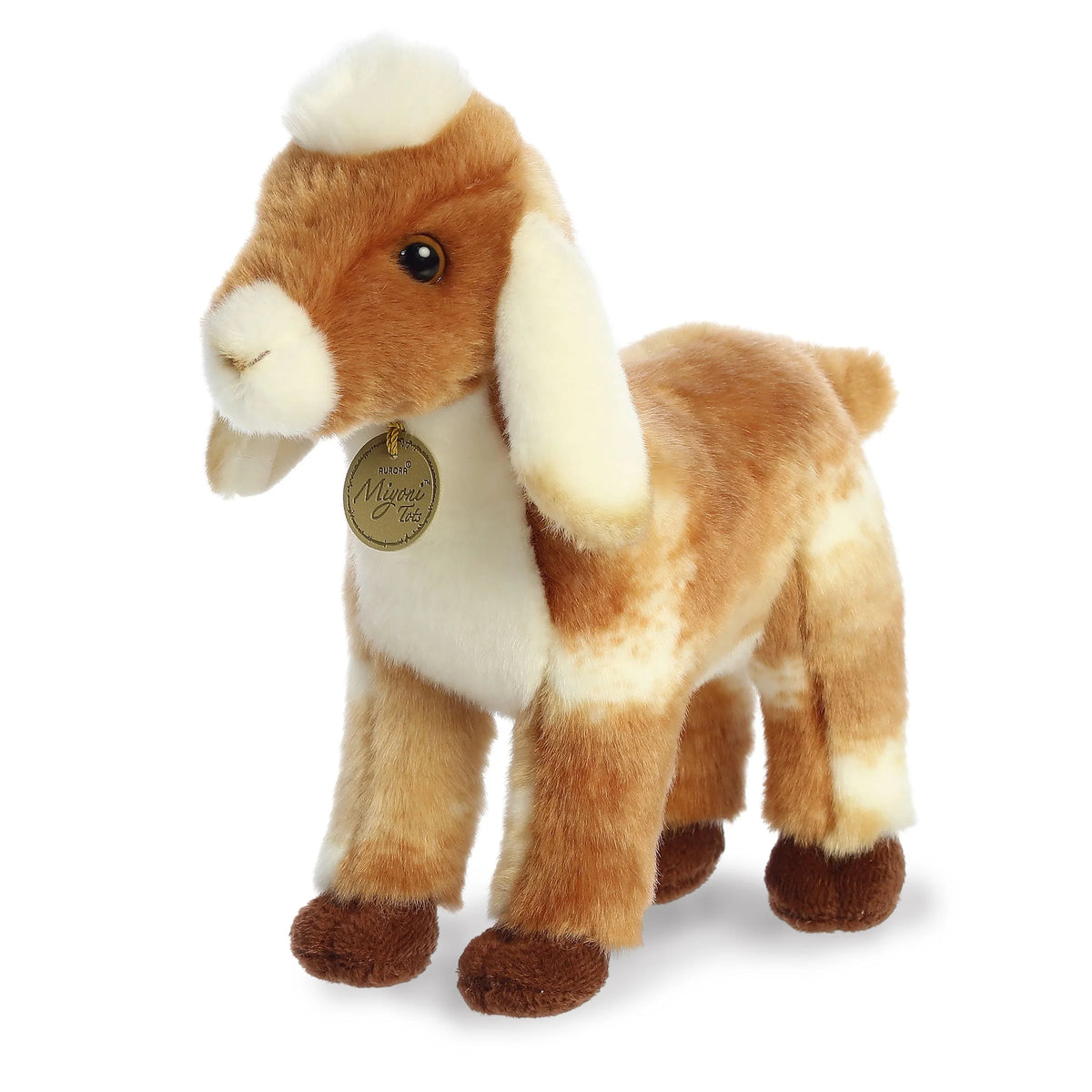 Aurora Miyoni Tots Nubian Goat Kid plush stuffed animal featuring soft tan and white fur and lovable floppy ears.