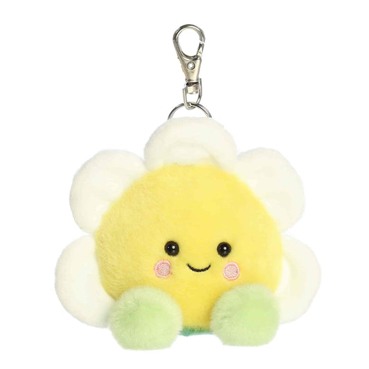Aurora Palm Pals plush clip-on featuring Deon the Daisy, a smiling flower with white petals, a yellow center, and green leaves.