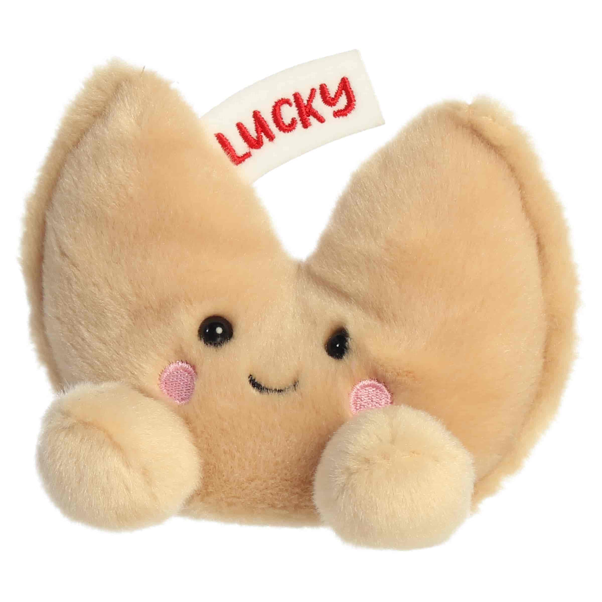 Aurora Palm Pals Lucky Fortune Cookie plush food character featuring golden-brown fur, an embroidered fortune slip reading LUCKY, and rosy cheeks sitting upright.