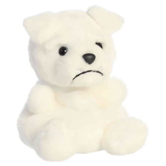 Aurora Palm Pals Mascot White Bulldog plush animal featuring bright white fur, folded ears, thick brows, and stitched silvery teeth sitting upright.