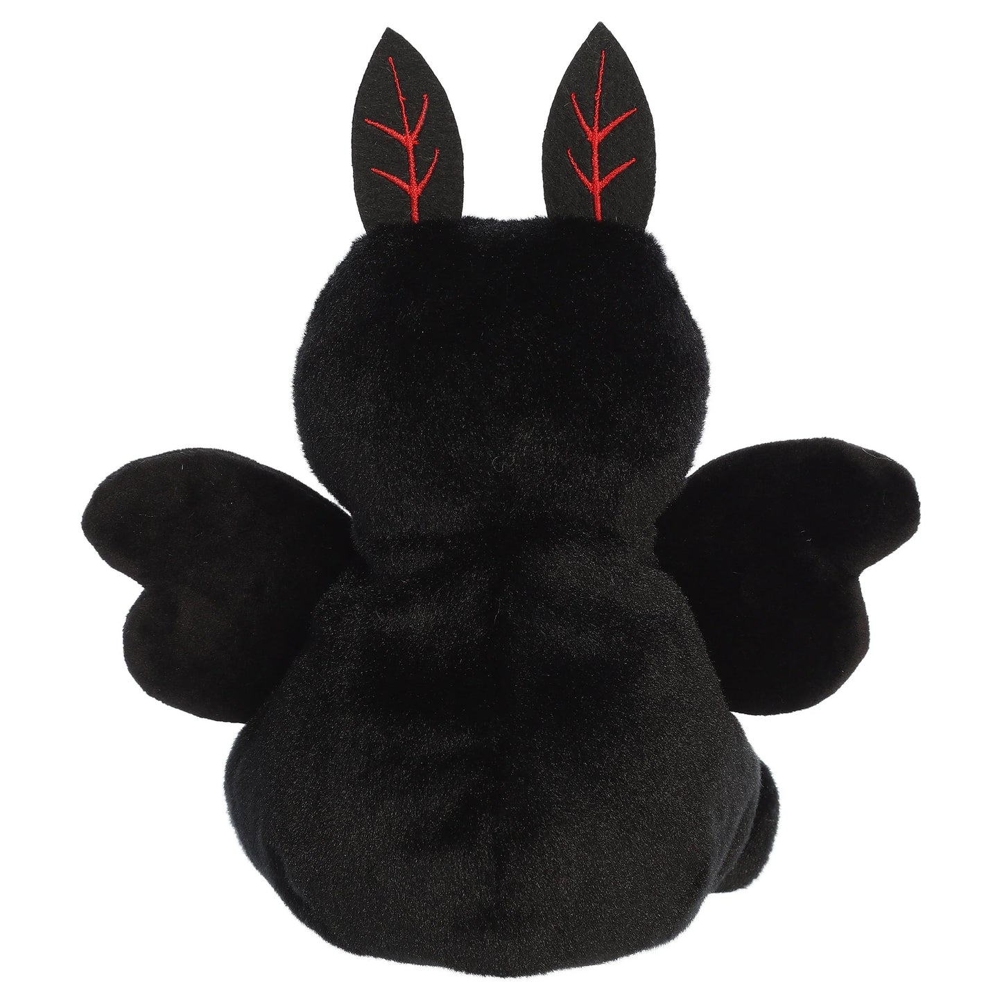 Party Sized Mortimer Mothman plush from Aurora Palm Pals featuring velvety deep black fur, piercing red eyes, and distinctive red embroidered wings.