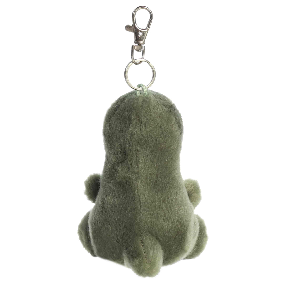 Aurora Palm Pals Tyranno Rex plush clip-on featuring soft green fur, light green belly, felt teeth, and a silver swivel clasp.