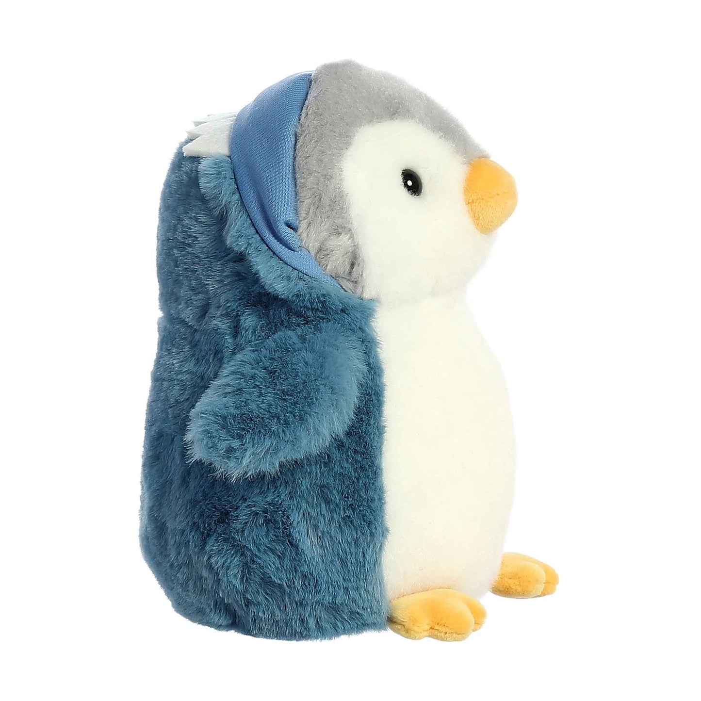 Plush toy penguin with a blue coat on a white background