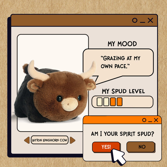 Cartoon plush cow with digital interface elements on a beige background