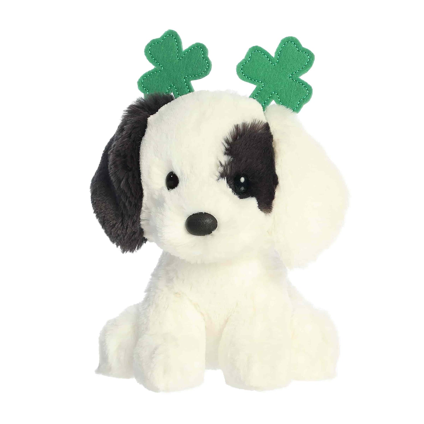 Angled view of Aurora St. Patrick's Day Clover Dog 6-inch plush soft toy