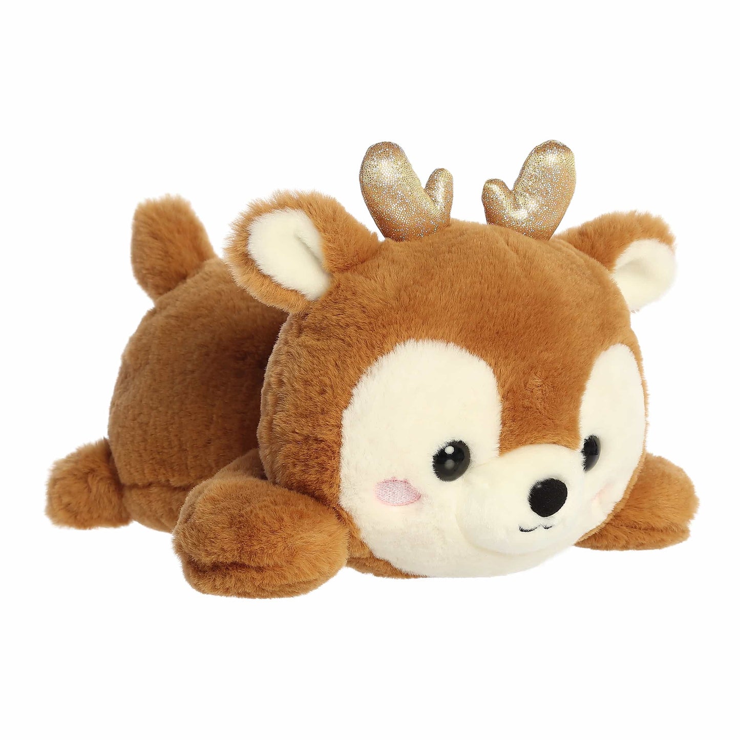 Aurora Too Cute Rene Reindeer plush lying belly-down featuring soft brown fur, a white muzzle, rosy cheeks, and shimmering gold glitter antlers.