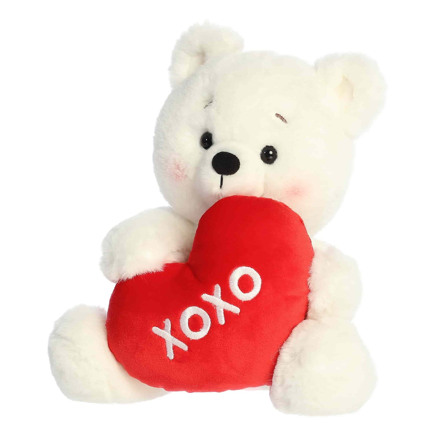 Angled view of Aurora Valentine Beary Sweet Bear plush, a white teddy bear holding a red heart that says XOXO.
