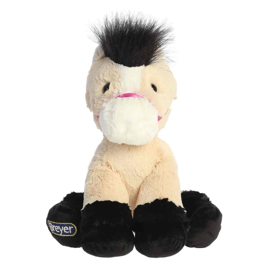 Aurora World Breyer Bridle Buddies Buckskin Horse 8-Inch plush featuring tan coat, black mane, and purple halter.