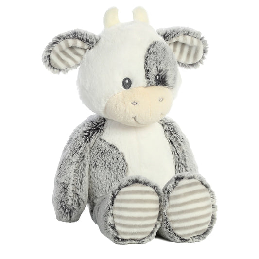 Aurora World Ebba Cuddlers Coby Cow 14-Inch plush featuring soft grey and white fur, a grey eye patch, and striped foot pads.