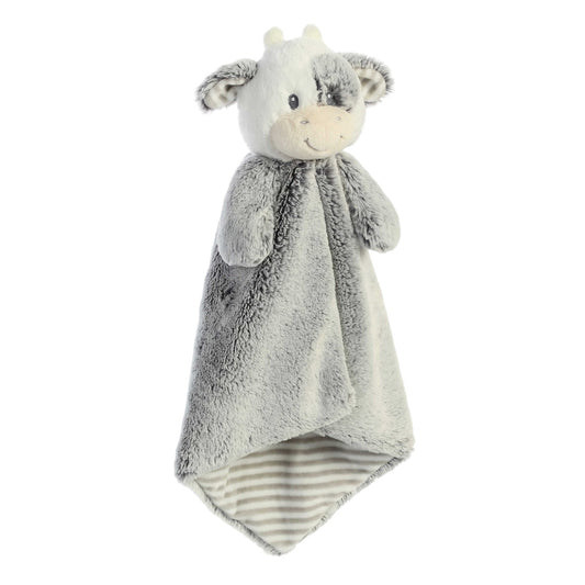Aurora World Ebba Cuddlers Luvster Coby Cow 16-Inch plush featuring a stuffed head, grey fur body, and striped underbelly blanket design.