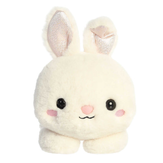 Aurora World Too Cute Jasmine Bunny 12-Inch plush featuring soft cream-colored fur, shimmering inner ears, pink blush cheeks, and a belly-down hugging pose.