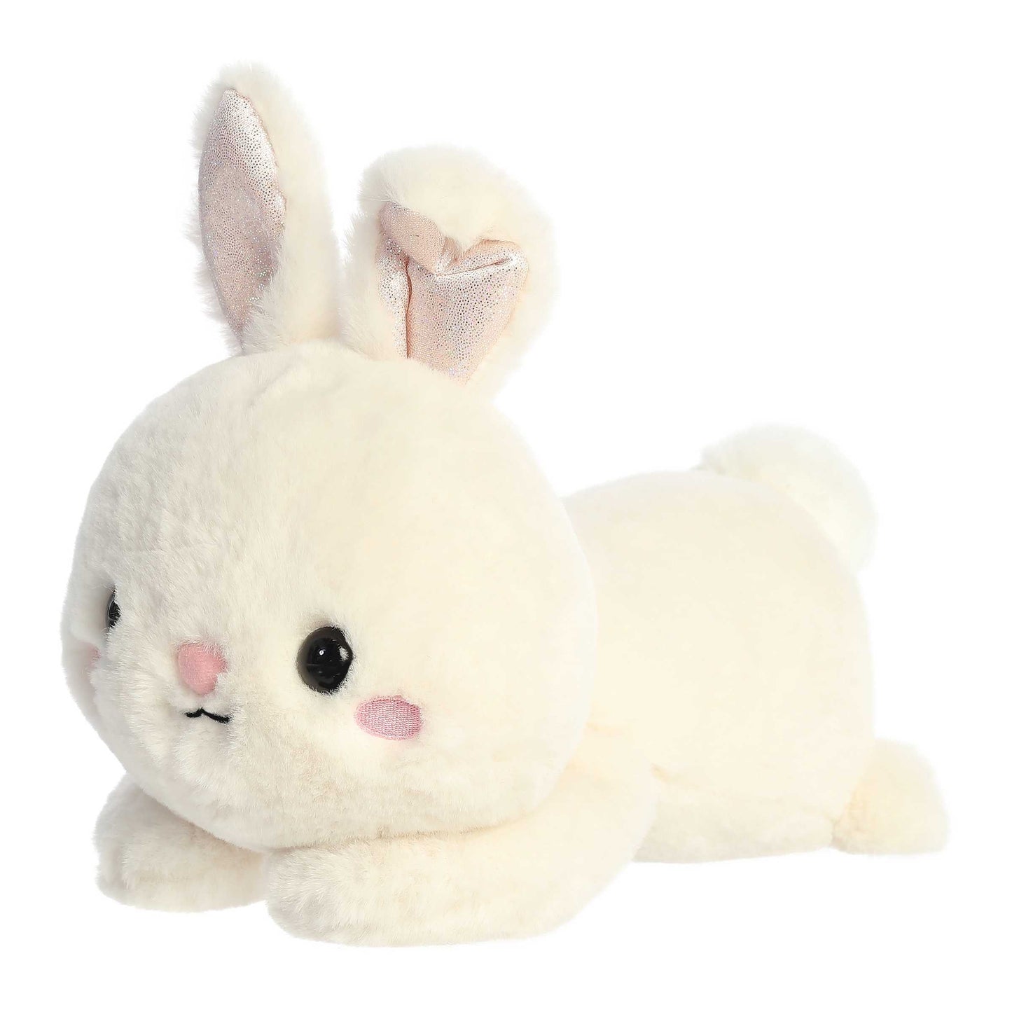Aurora World Too Cute Jasmine Bunny 12-Inch plush featuring soft cream-colored fur, shimmering inner ears, pink blush cheeks, and a belly-down hugging pose.