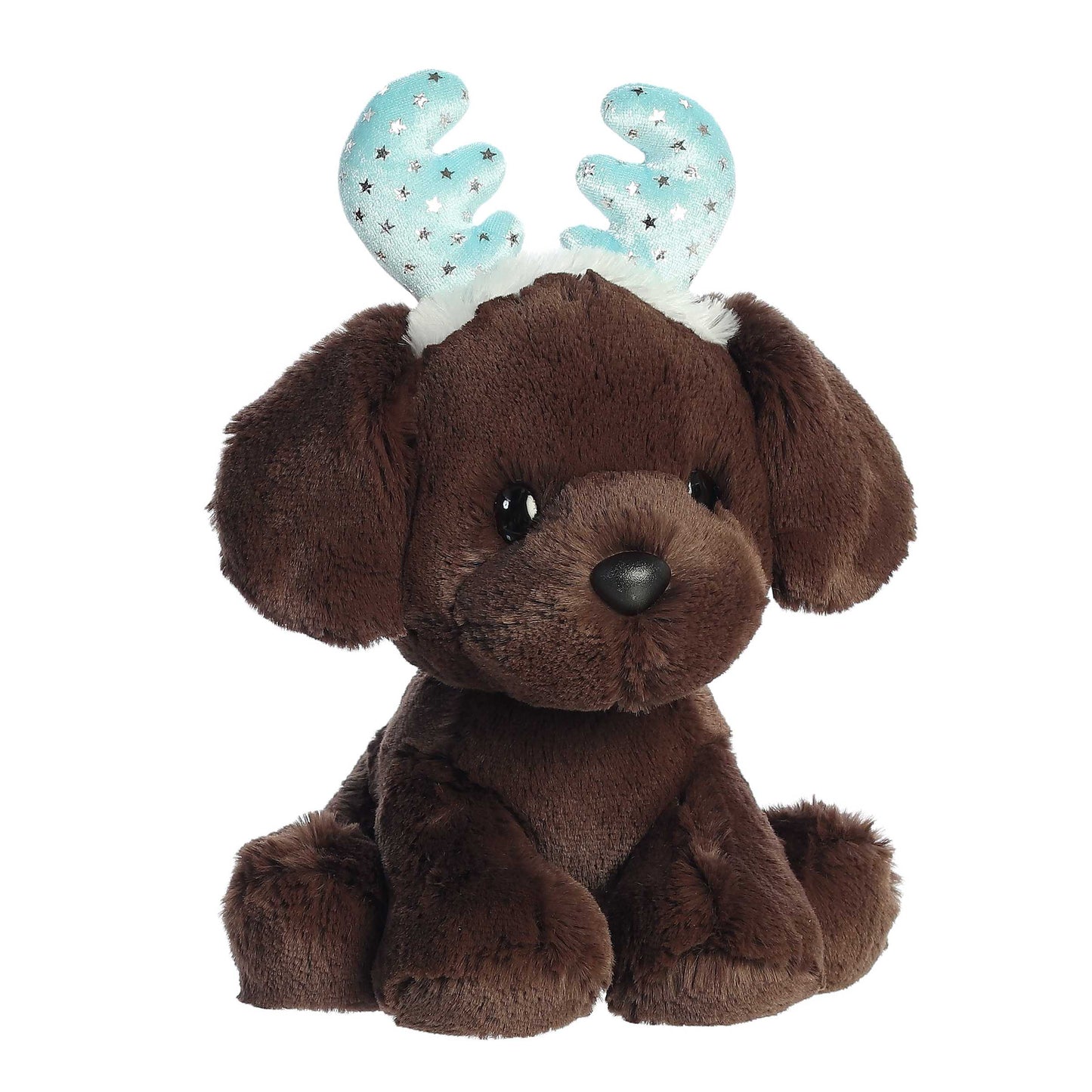 Aurora Holiday Sydney Choco Lab Plush toy dog with reindeer antlers on a white background