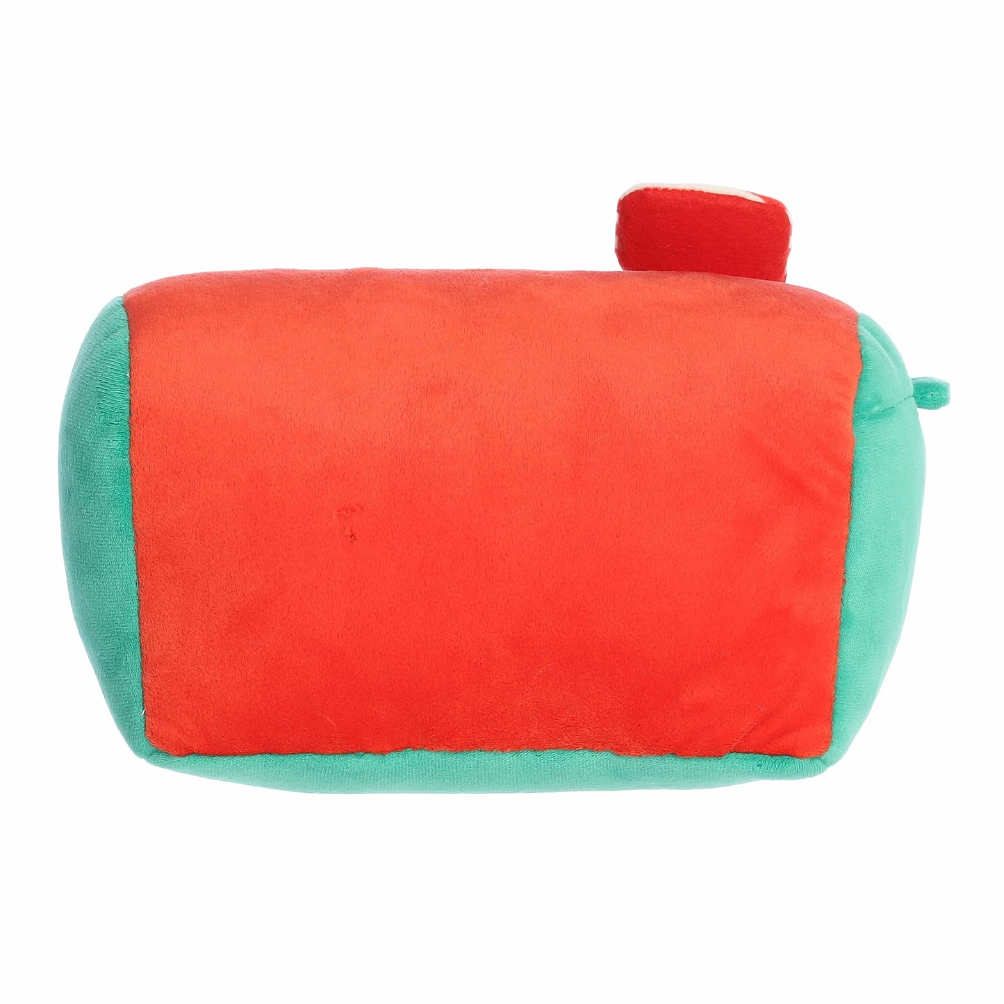 Red and green plush toy on a white background