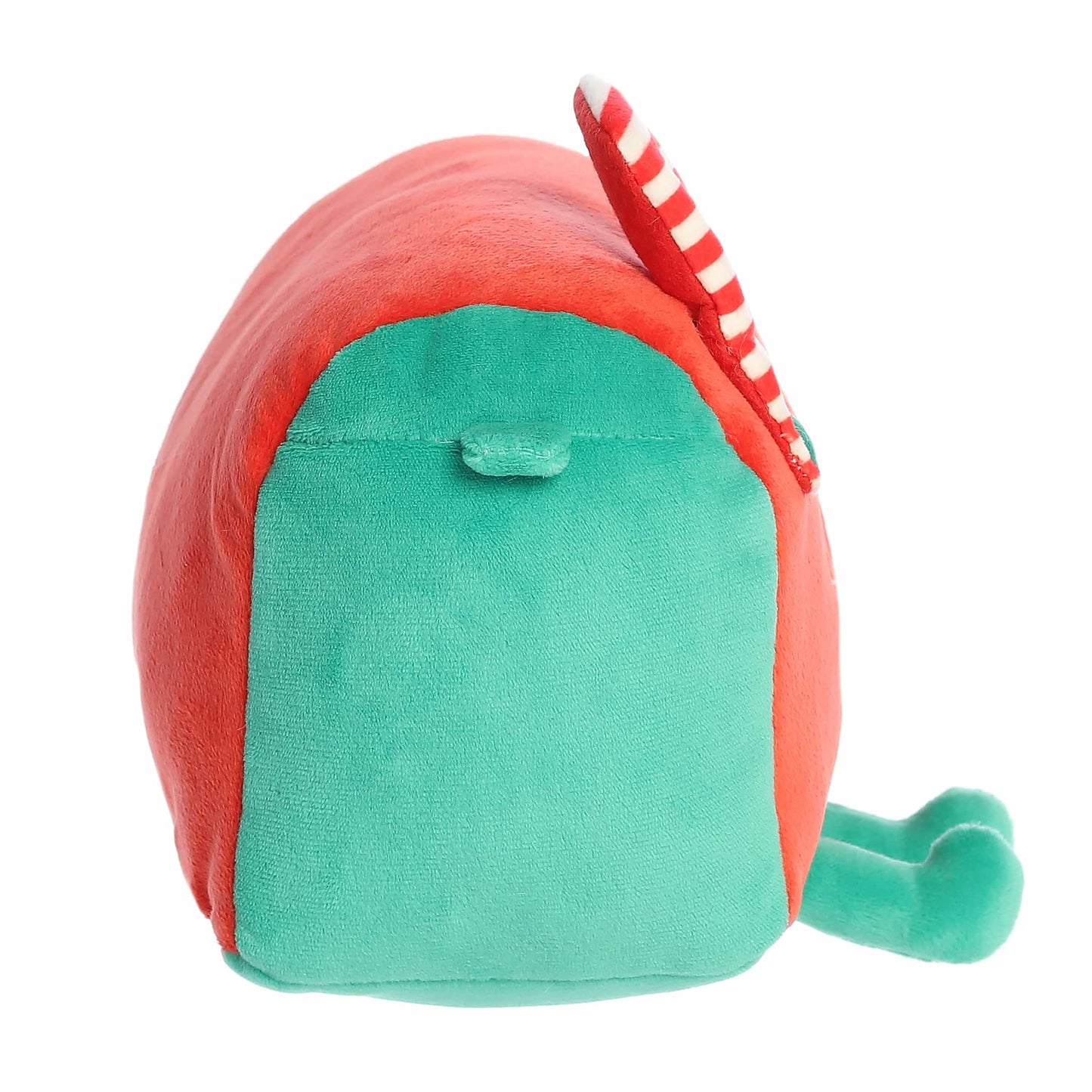 Red and green plush toy with a striped tail on a white background