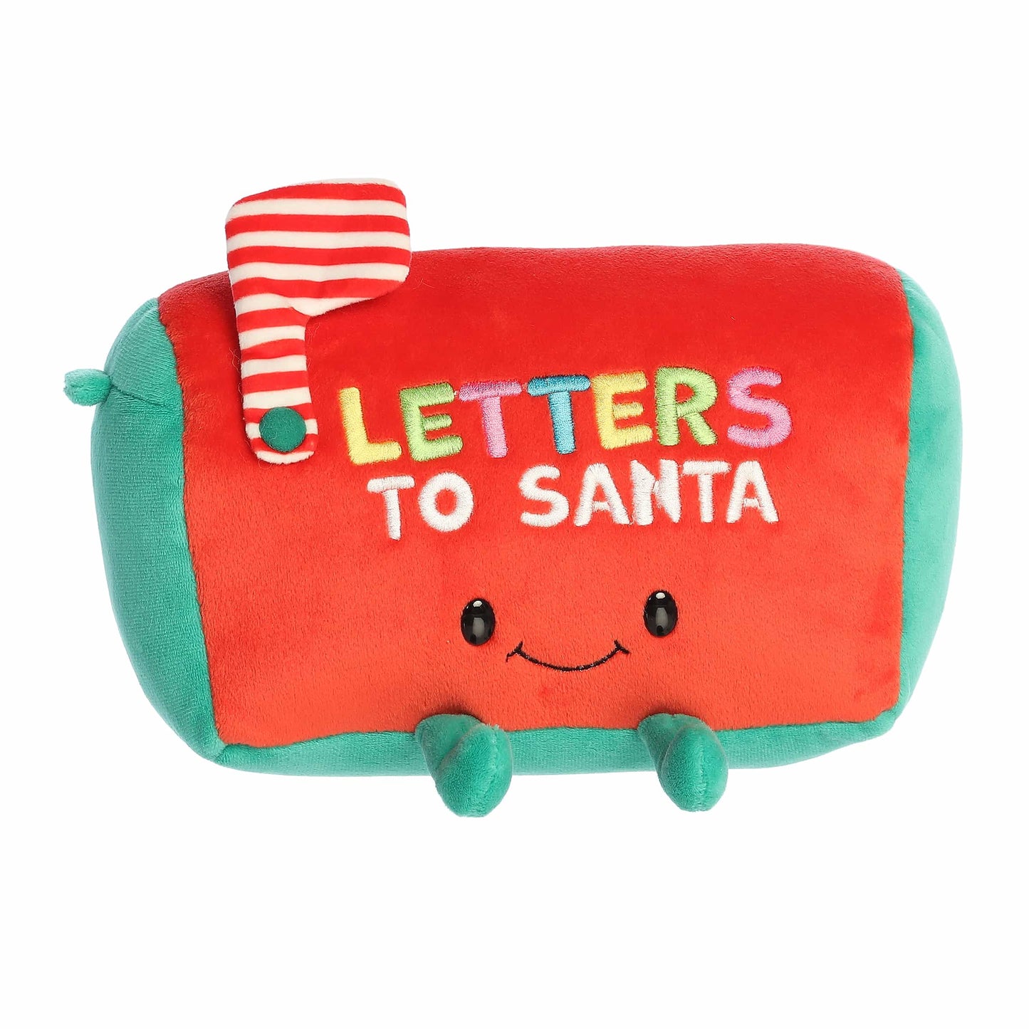 Red plush mailbox with 'Letters to Santa' text on a white background