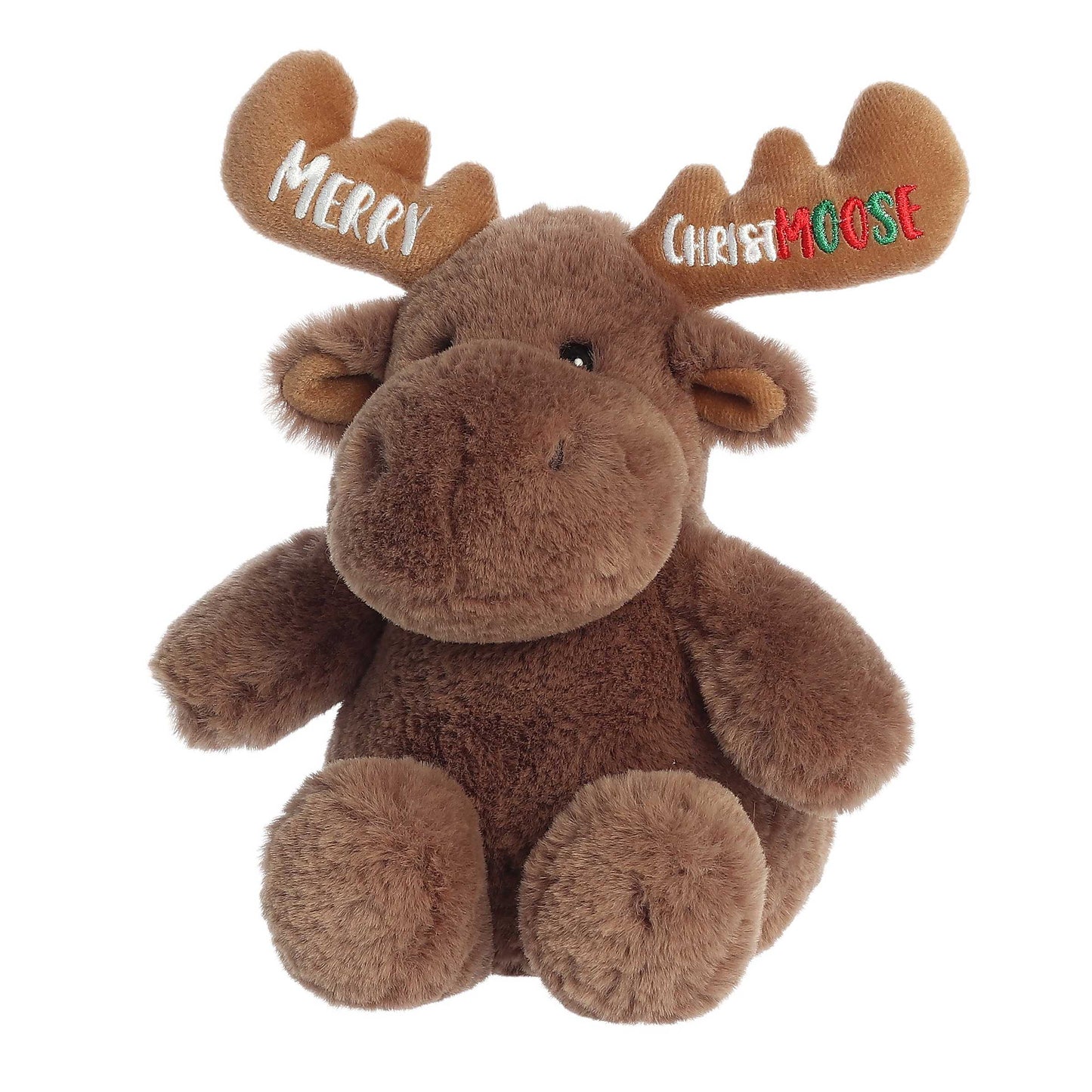 Plush moose toy with 'Merry Christmoose' on antlers against a white background