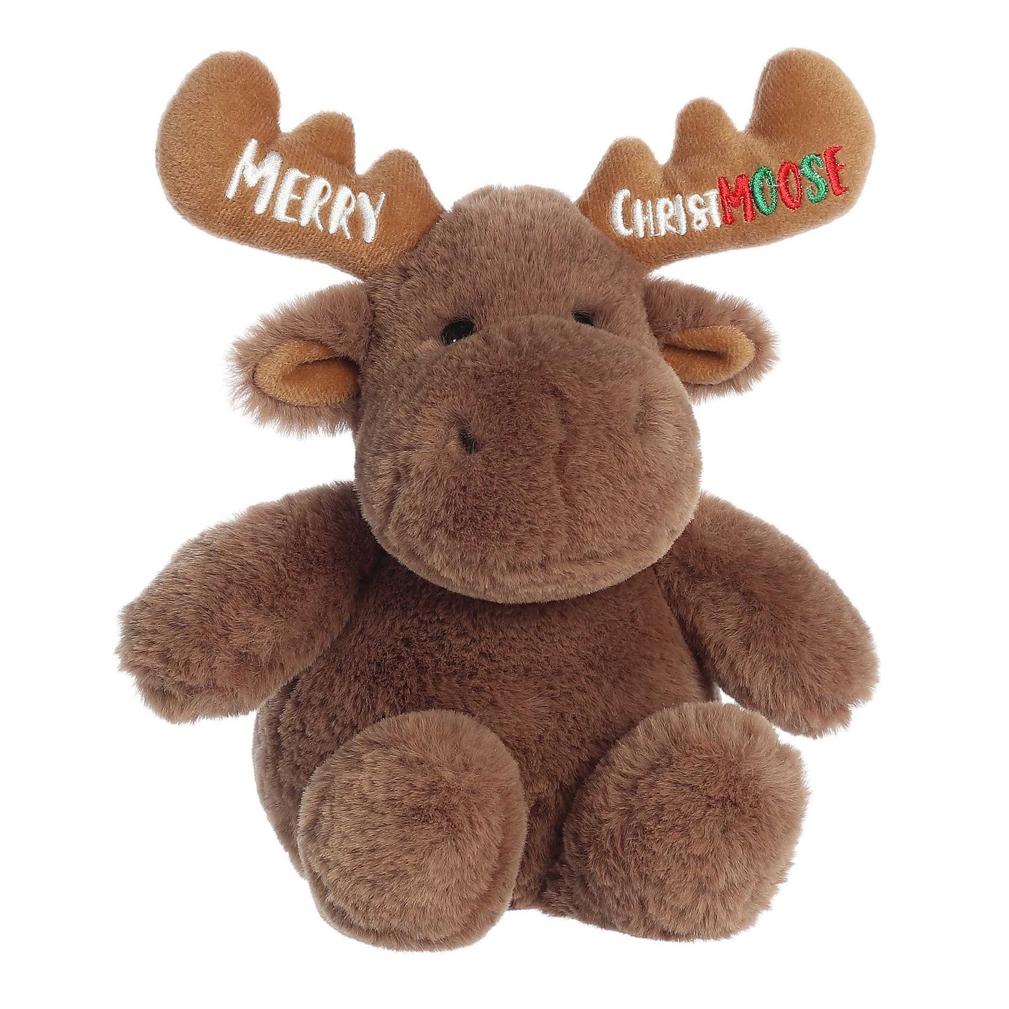 Aurora Just Sayin' Merry Christmoose Plush moose toy with 'Merry Christmas Moose' text on a white background