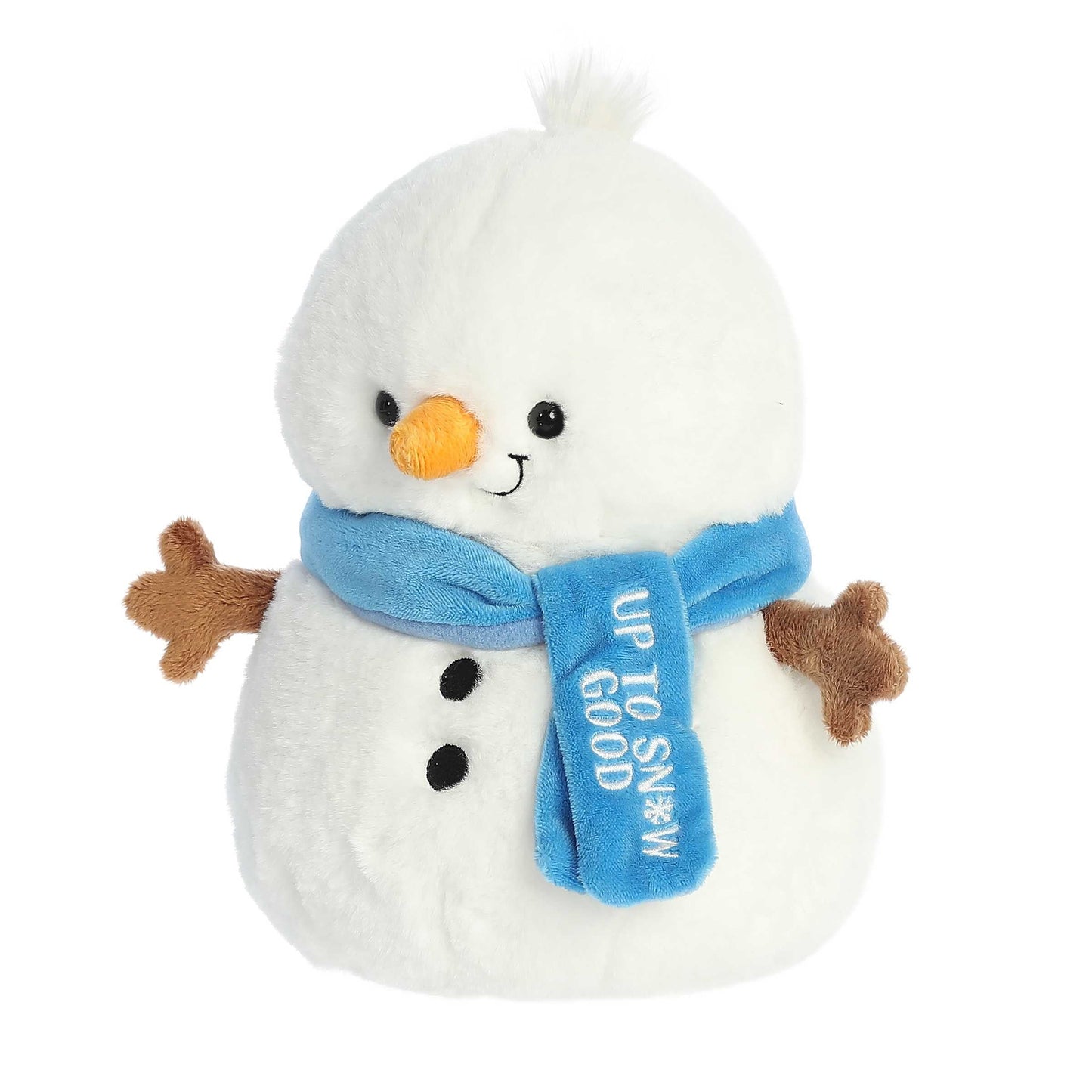 Aurora Just Sayin' Up To Snow Good Plush snowman toy with a blue scarf on a white background
