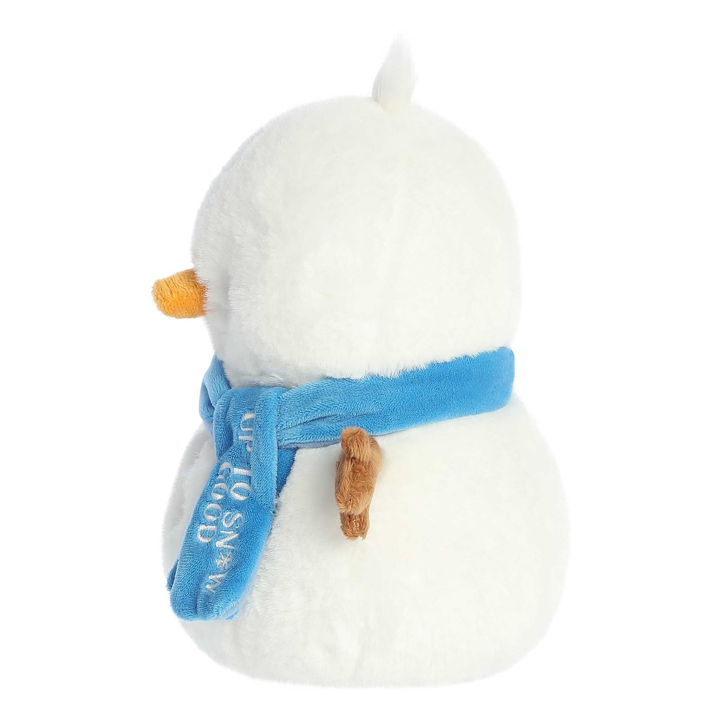 White plush toy with a blue scarf on a white background