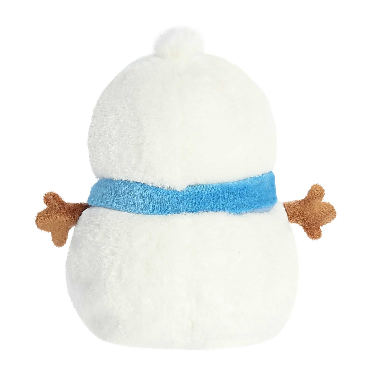 White plush snowman with a blue scarf on a white background