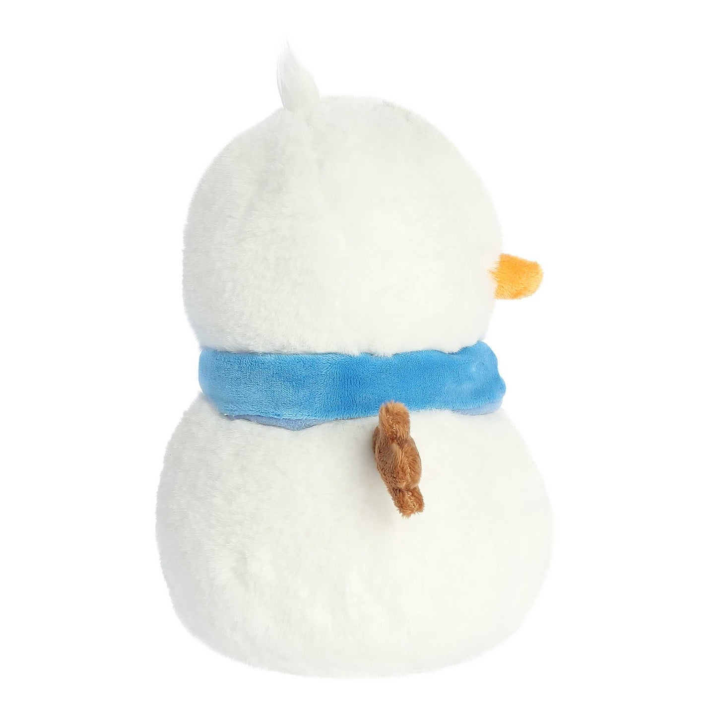 White plush toy resembling a snowman with a blue scarf on a white background