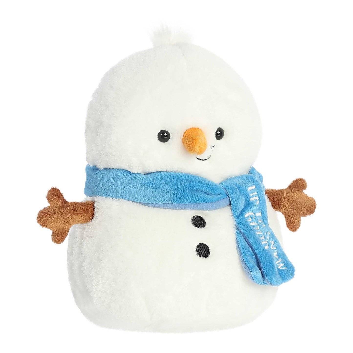 Aurora Just Sayin' Up To Snow Good Plush snowman toy with a blue scarf on a white background