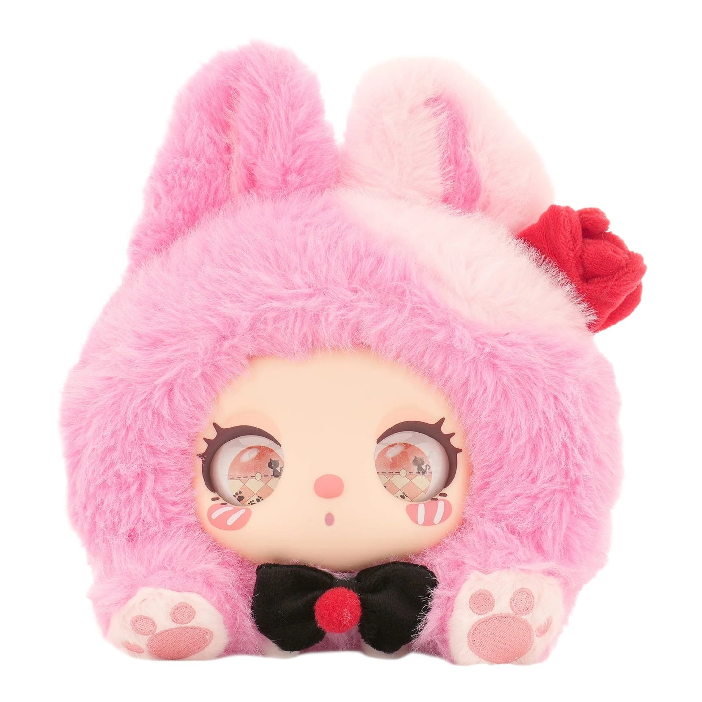 Baby Three Liila’s Marshmallow Bunny Bag plush toy with bunny ears and bow tie on a white background