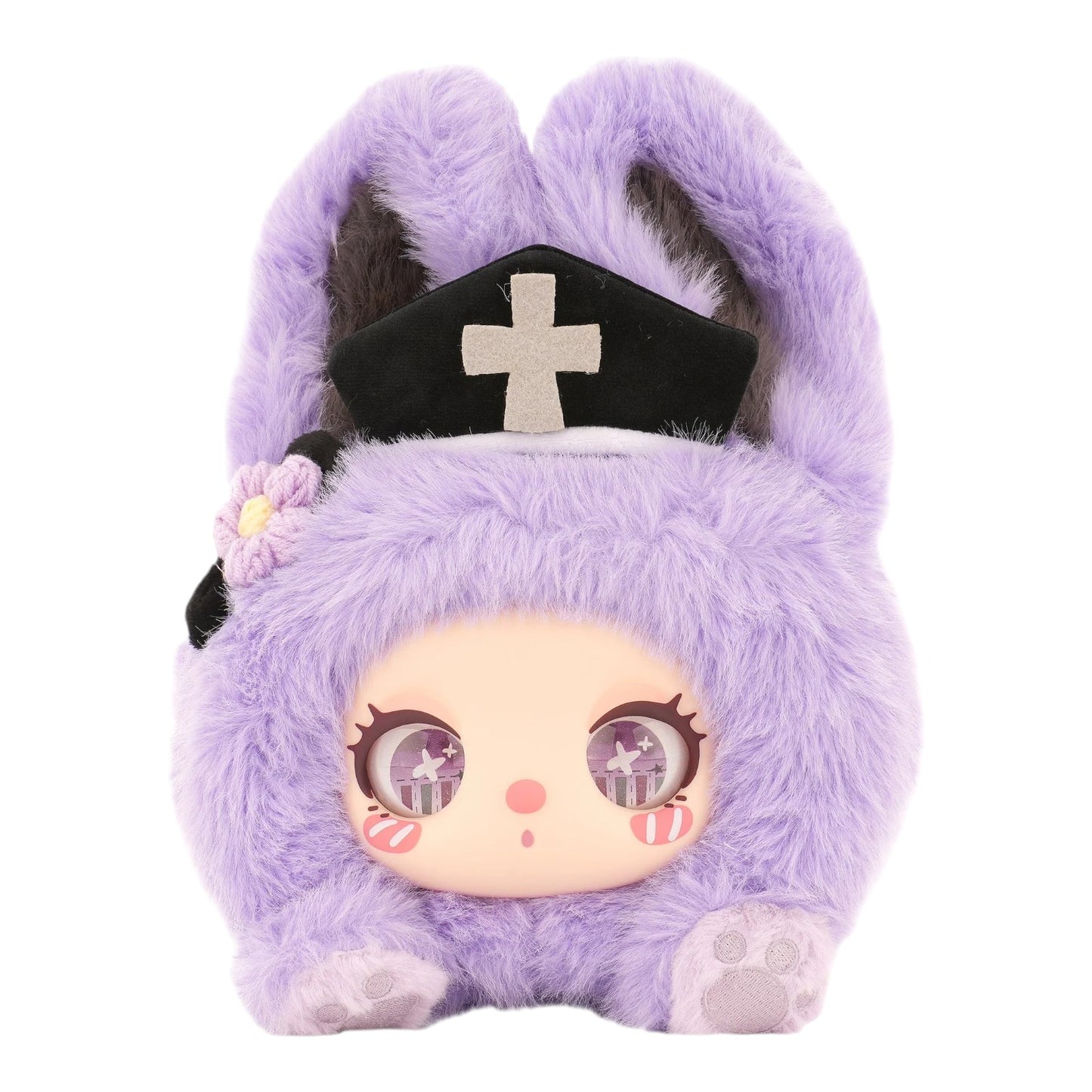 Baby Three Liila’s Marshmallow Bunny Bag Purple plush toy with a black cross on a white background