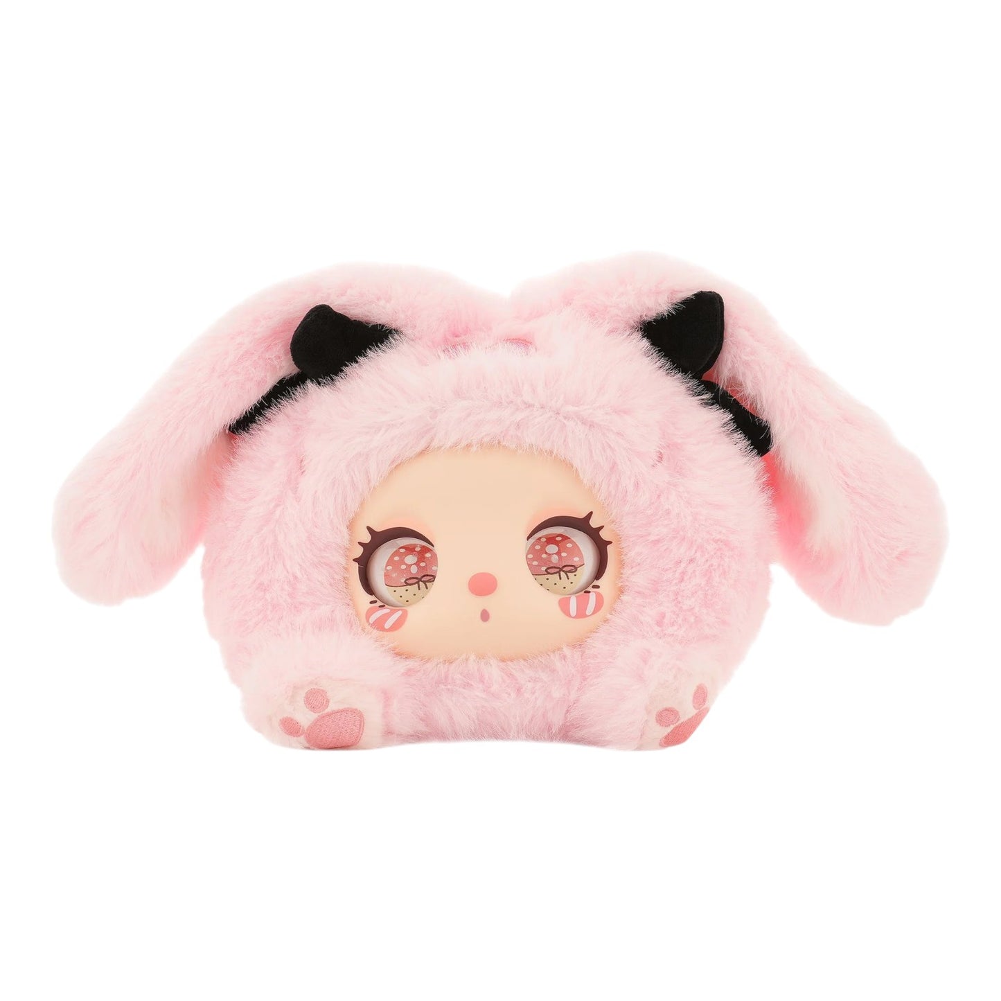 Baby Three Liila’s Marshmallow Bunny Bag Pink plush toy with black accents on a white background