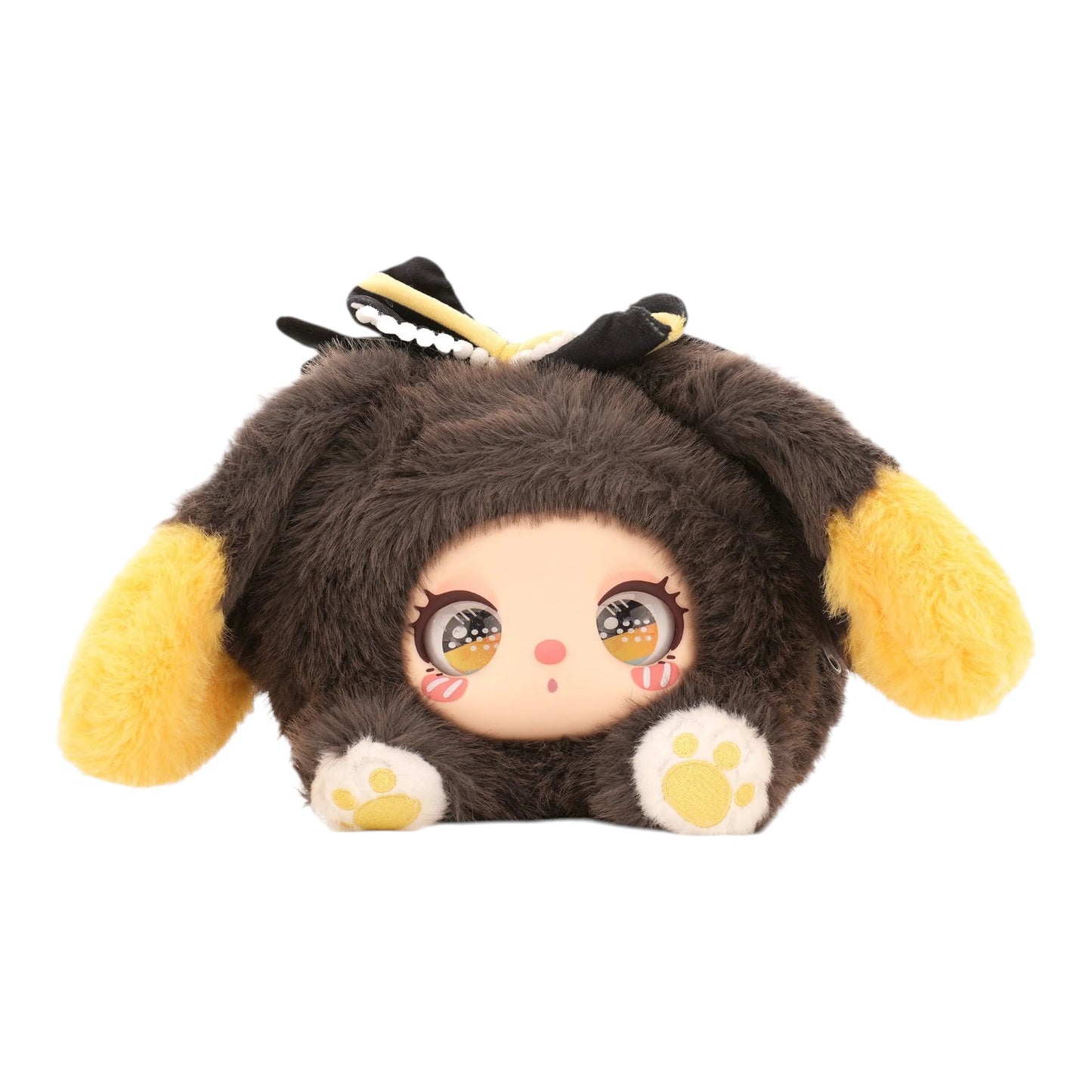 Baby Three Liila’s Marshmallow Bunny Bag Plush toy with a cartoon face, brown body, yellow ears, and white paws on a white background