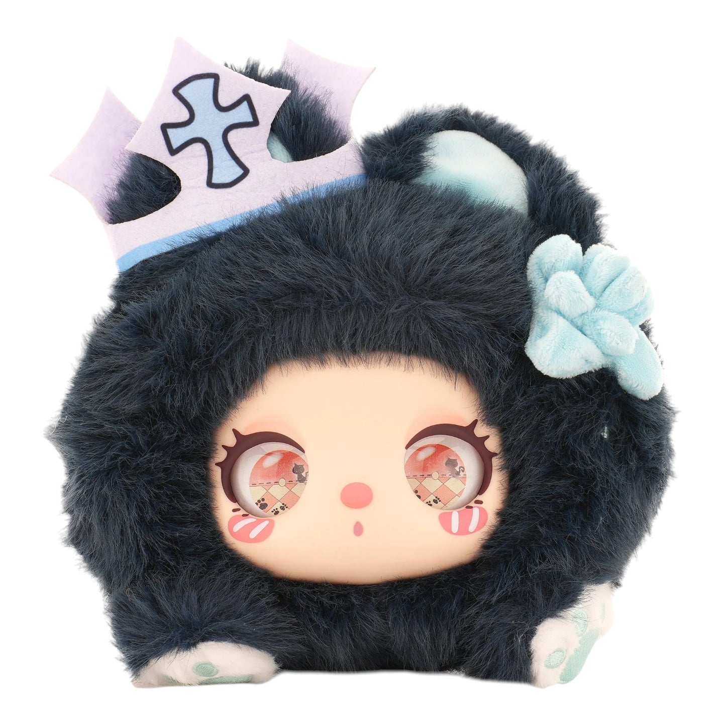 Baby Three Liila’s Marshmallow Bunny Bag Plush toy with black fur, white accents, and decorative elements on a white background