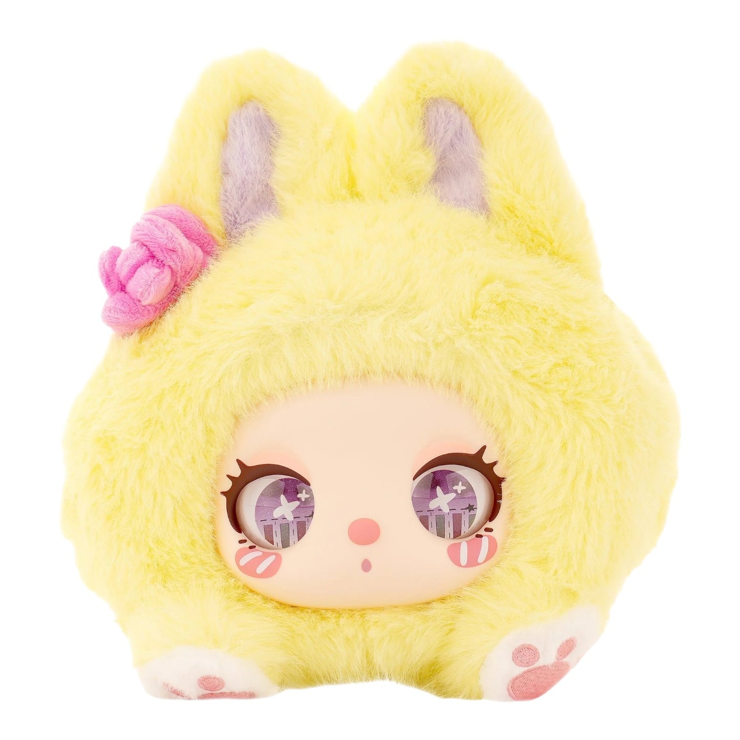 Baby Three Liila’s Marshmallow Bunny Bag Plush toy with a yellow bunny costume on a white background