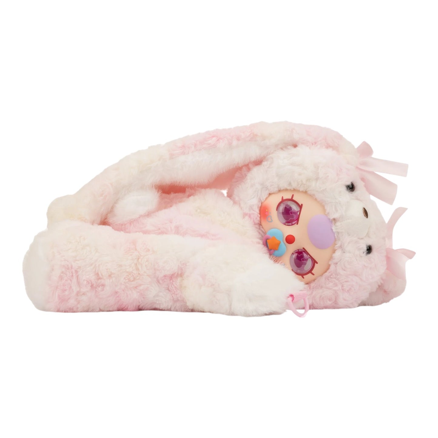 Baby Three 38cm Hugging Baby Backpack Plush Pink plush toy with a cartoon face design on a white background