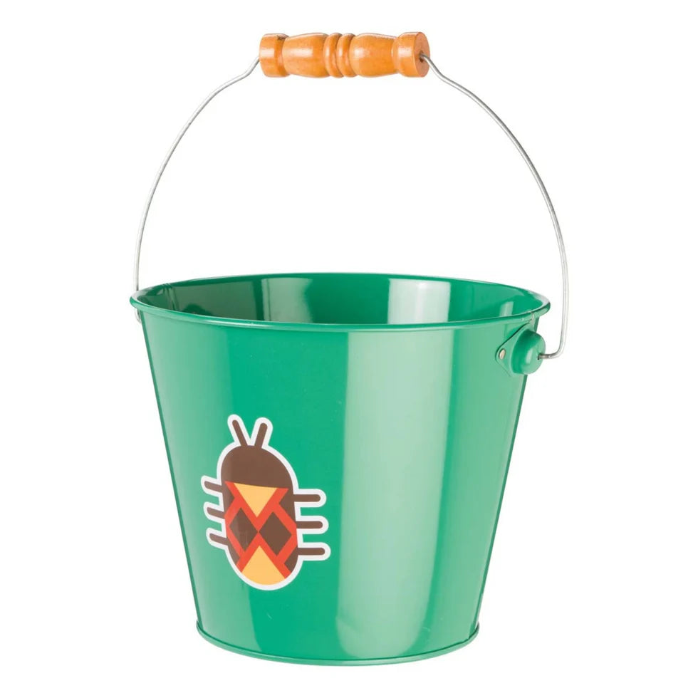 Green bucket with a wooden handle and a logo on a white background