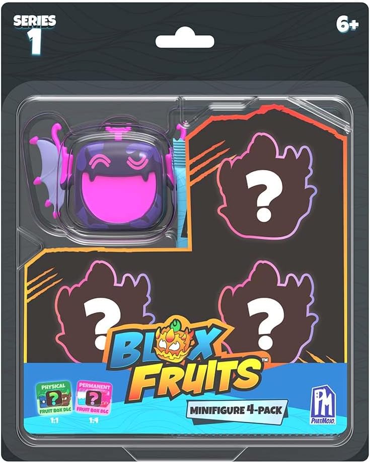 Blister pack packaging for Blox Fruits Minifigure 4-Pack Series 1, showing one visible purple Shadow fruit figure and three obscured mystery figure slots.