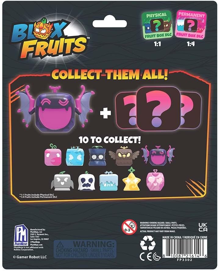 Packaging for 'Box Fruits' collectible figures with promotional text and product images.