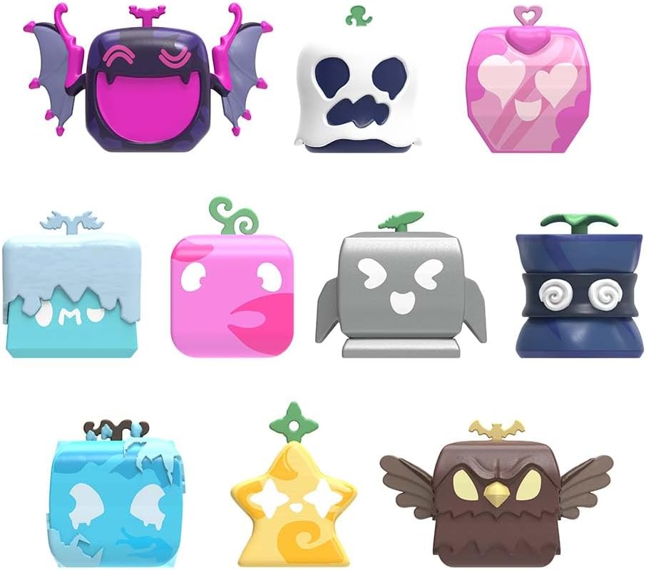 Assortment of ten different Blox Fruits Series 1 minifigures including Shadow, Ghost, Love, Blizzard, Slime, Rocket, Spin, Ice, Light, and Falcon fruits.