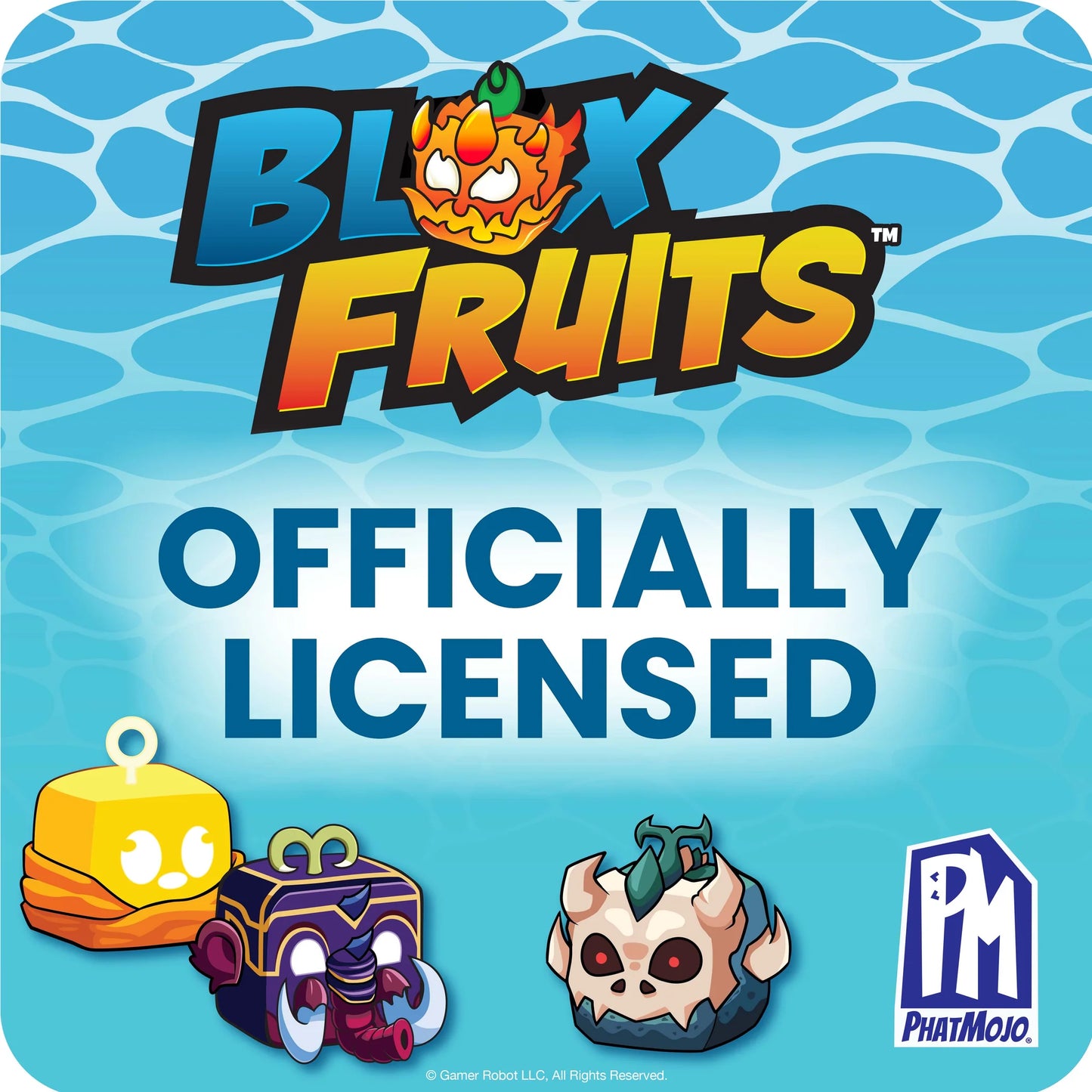 Promotional graphic for 'Blox Fruits' with cartoon characters and 'PhatMojo' logo on a blue background.