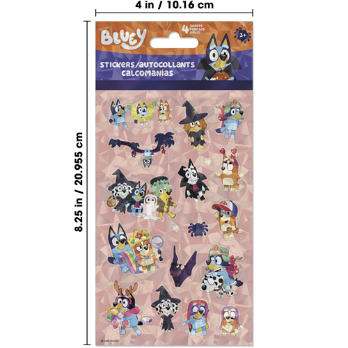 Bluey Halloween 4-sheet sticker pack featuring Bluey, Bingo, Bandit, and Chilli in cute spooky costumes