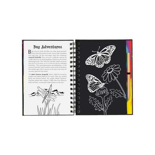 Bugs! Scratch and Sketch art activity book featuring a wooden stylus and black scratch-off pages revealing colorful patterns of butterflies and insects.