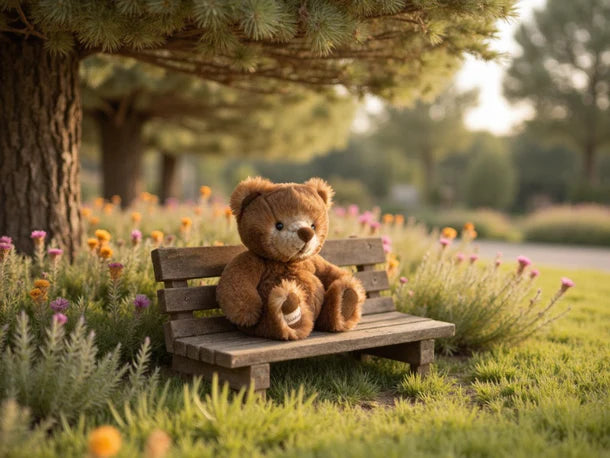 Teddy bear sitting on a wooden bench in a park with flowers and trees.