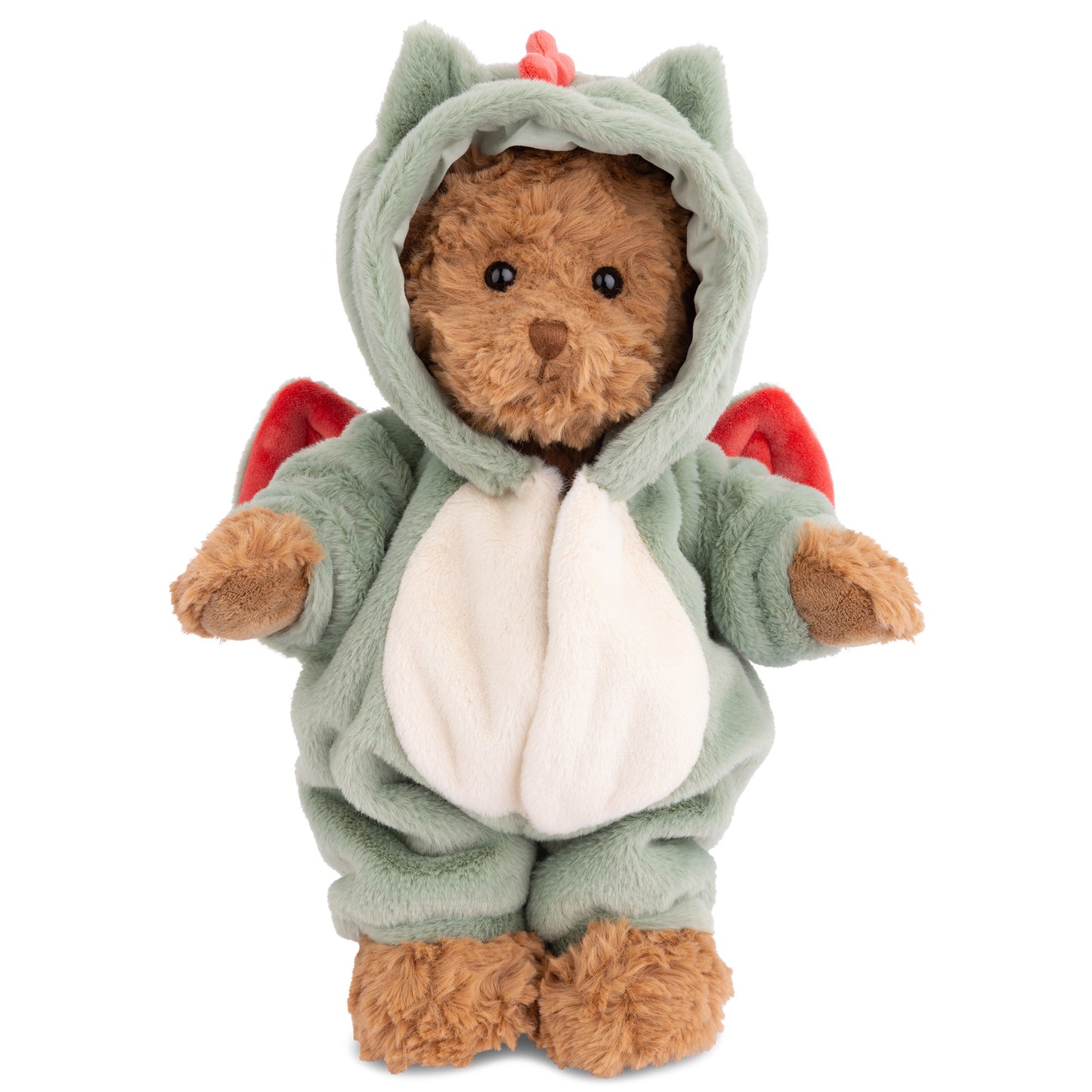 Bukowski Bears Bjorn Dragon plush wearing a sage green dragon costume with a white belly patch and red wings.